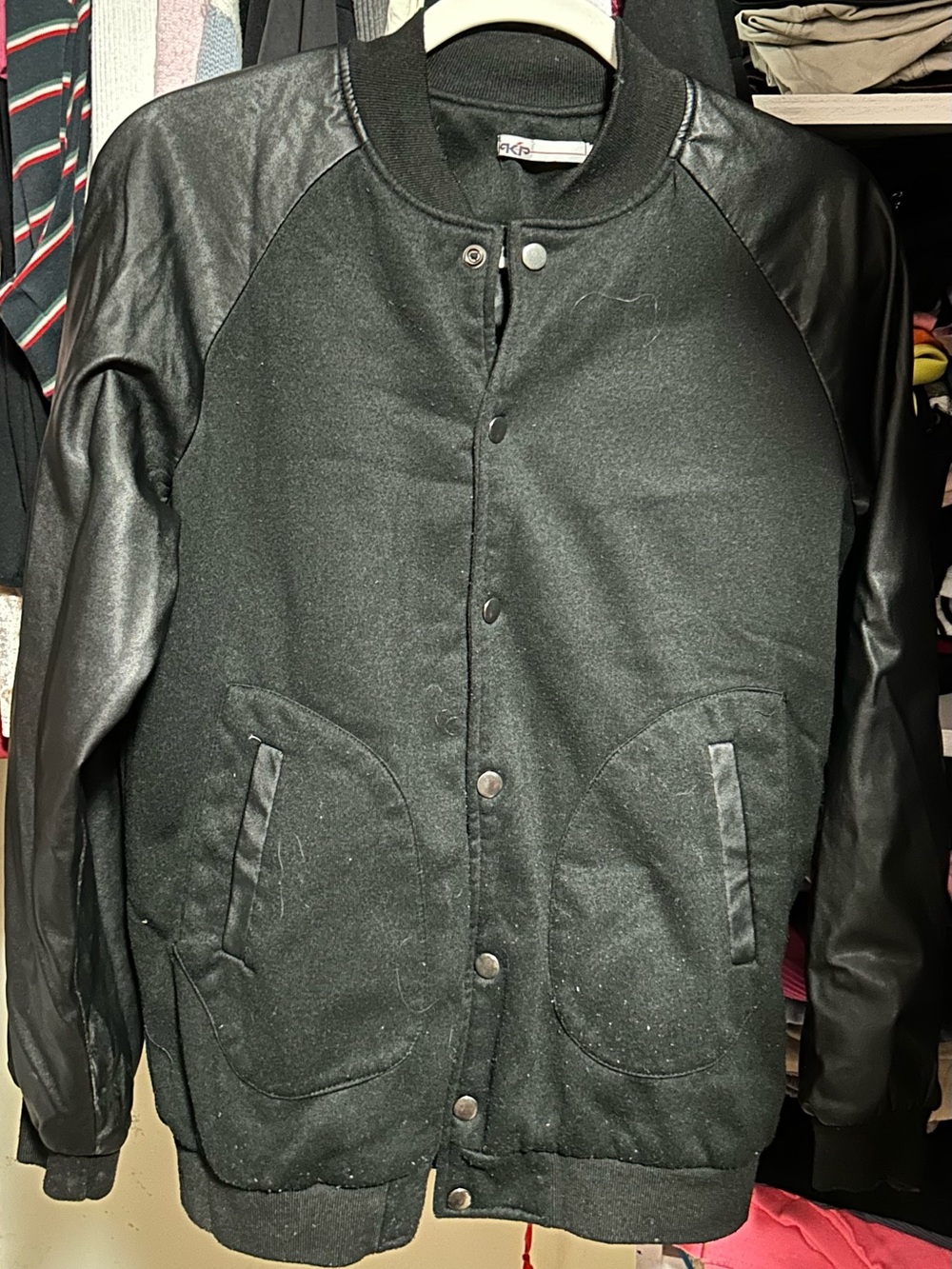 Men's Black Bomber Jacket with Leather Sleeves